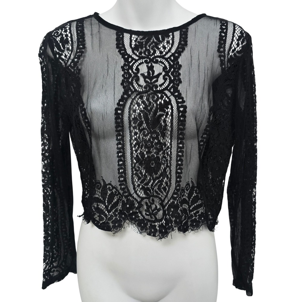 Lace Floral Crop Top Black Long Sleeve Back Zip Eyelash Hem Festival Hippie Goth